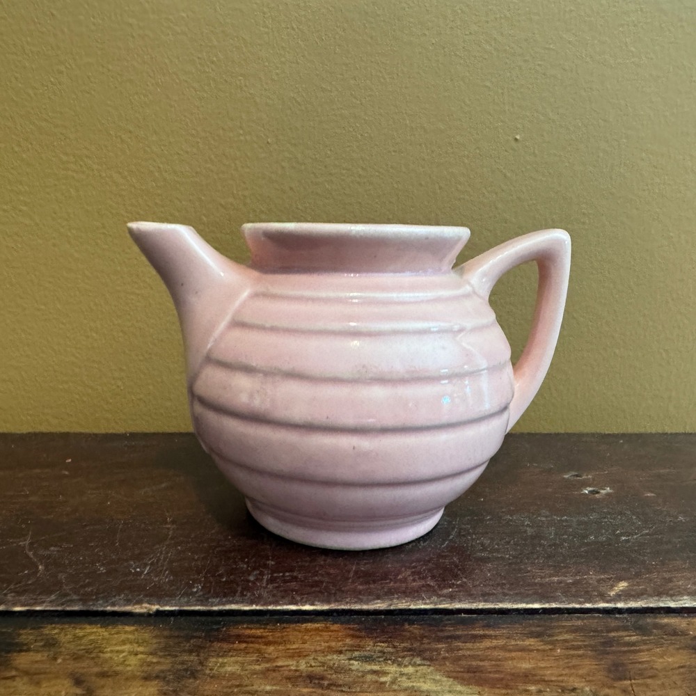 Vintage Pink Pottery Creamer Small Teapot Ribbed USA Ceramic Milk‎ Pitcher